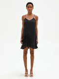 Mini abito nero in lyocell con rose applicate e balze