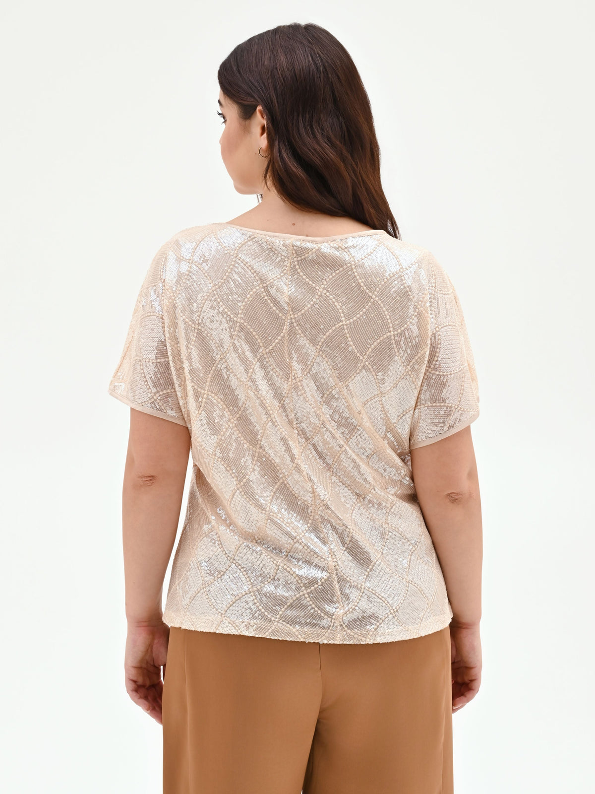 Blusa curvy beige chiaro con paillettes all over