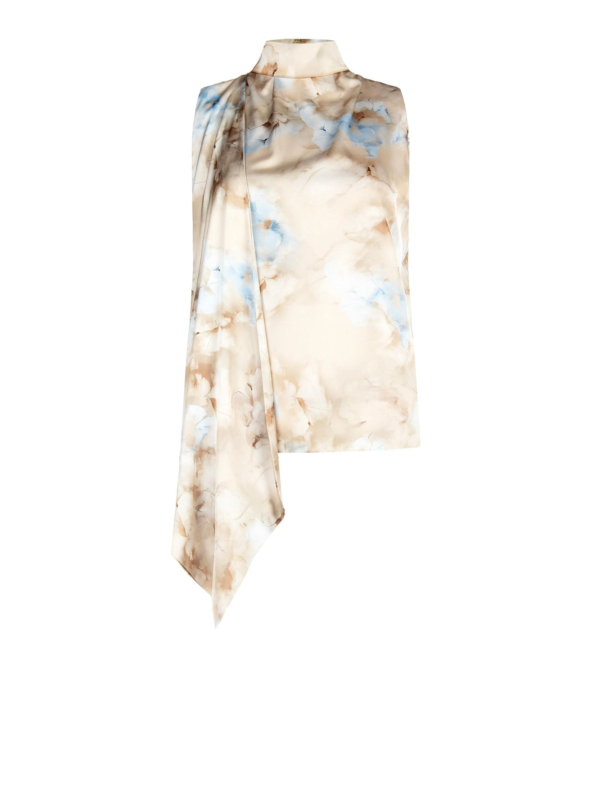Top cielo azzurro con stampa acquerello e collo foulard