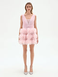 Abito corto rosa pastello con gonna in tulle