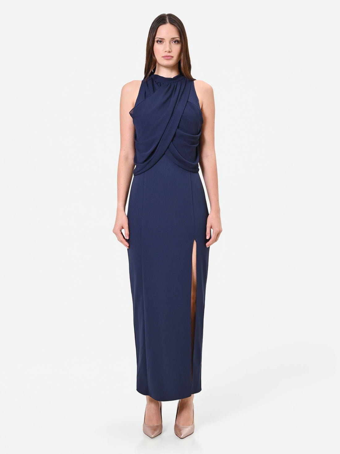 Abito lungo blu navy con drappeggio sullo scollo