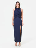 Abito lungo blu navy con drappeggio sullo scollo