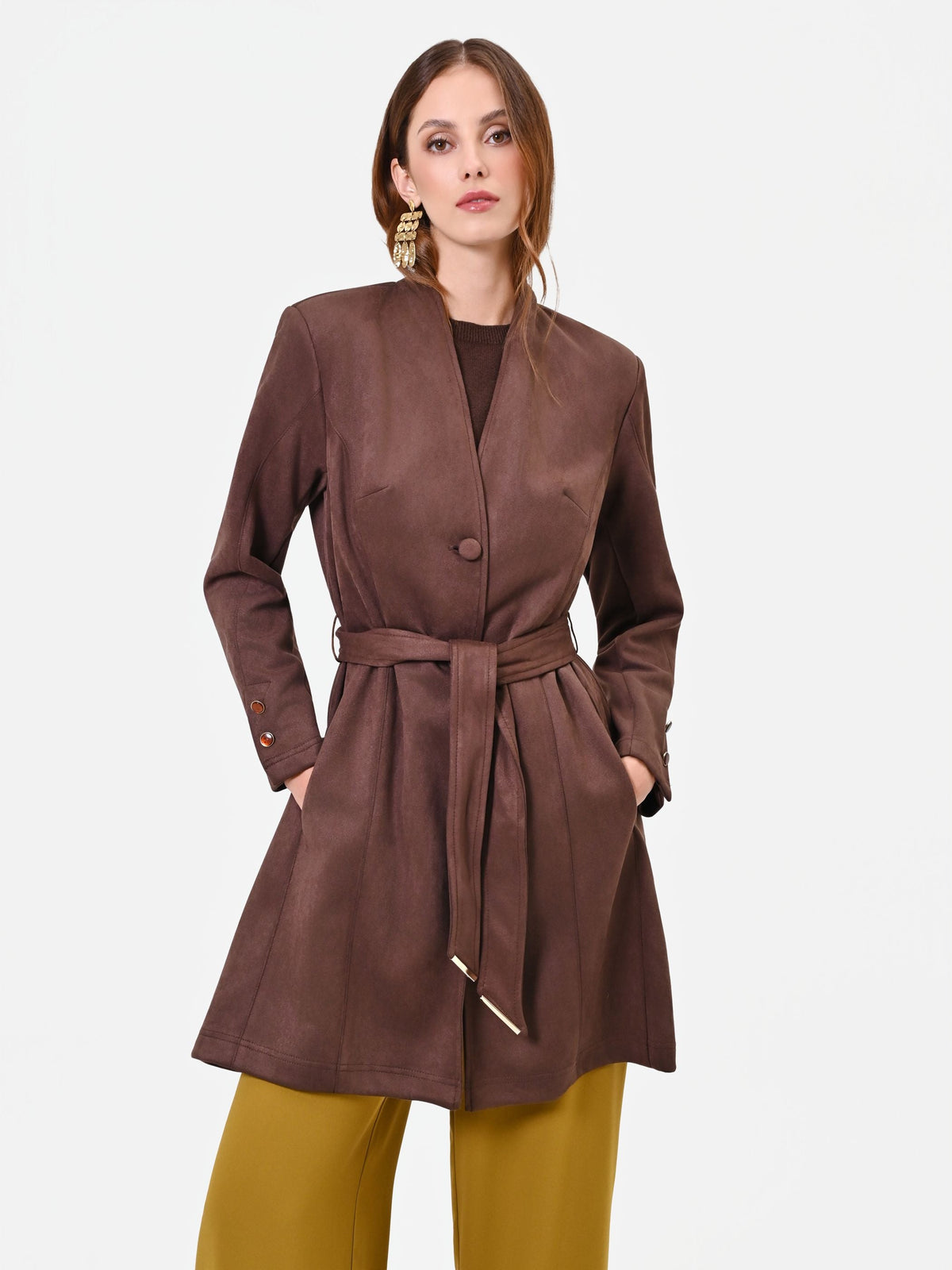 Trench marrone effetto scamosciato con cintura