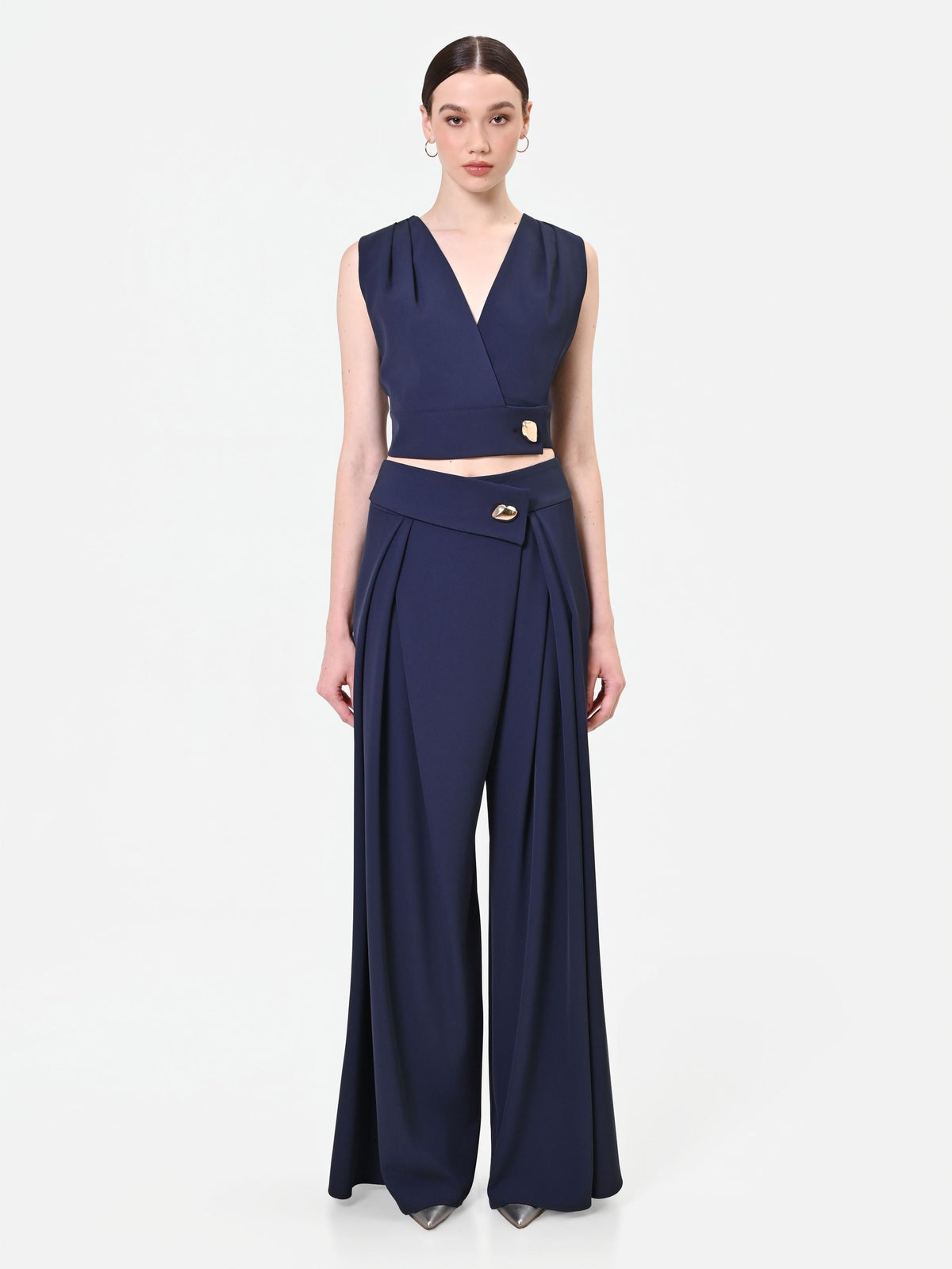Pantalone palazzo blu navy con bottone design
