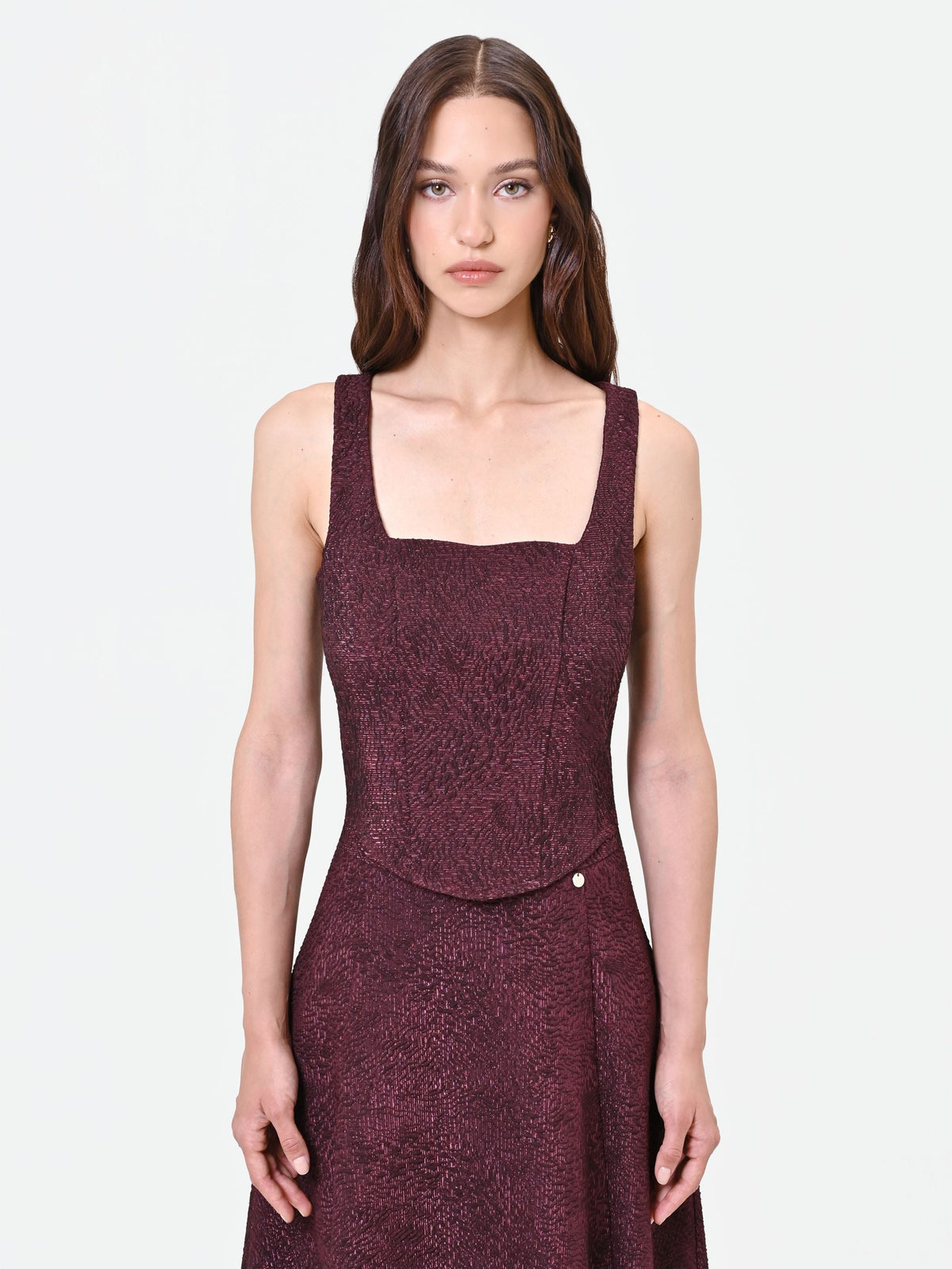 Top bordeaux in tessuto jacquard lamé