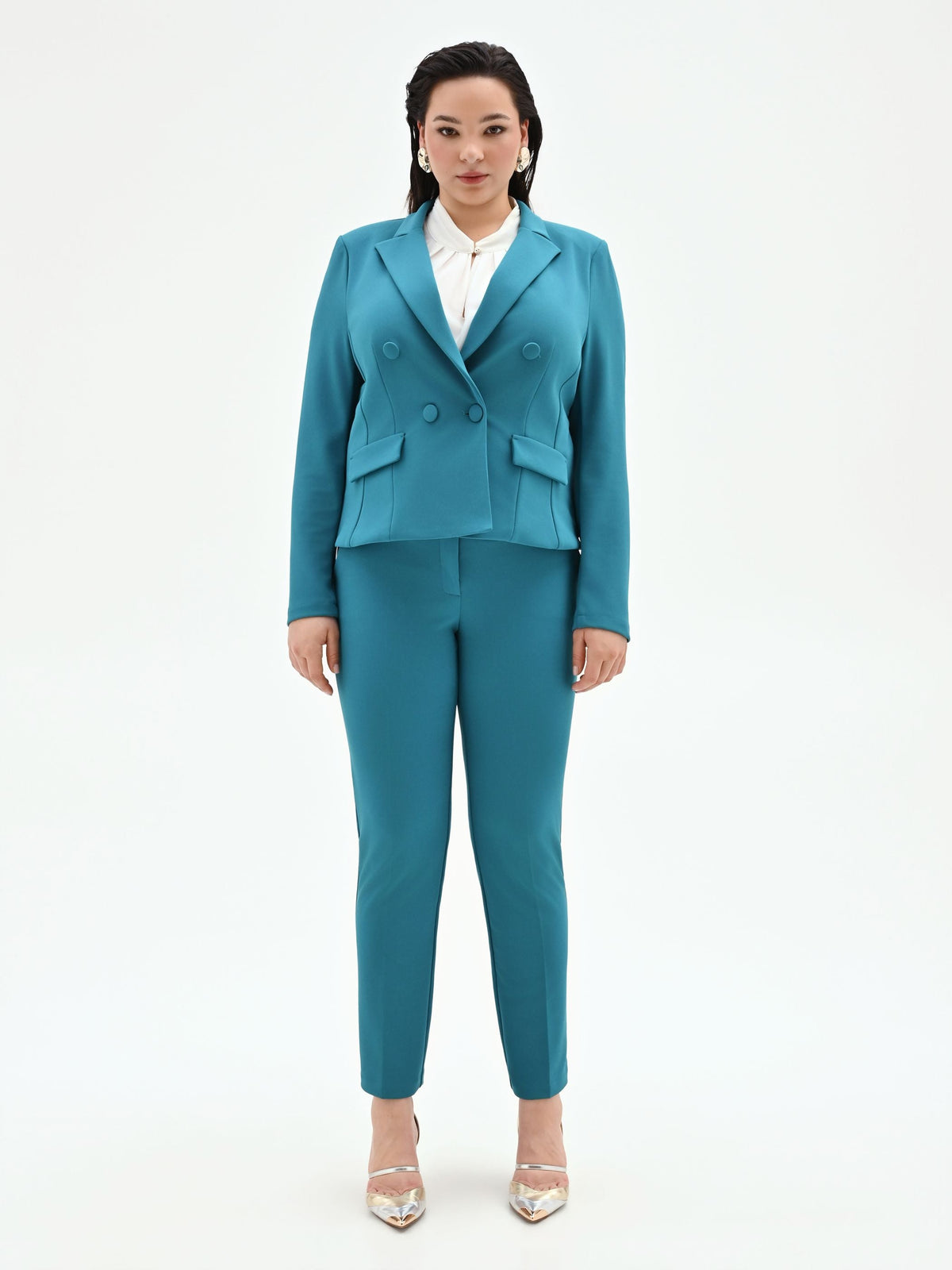 Giacca Curvy doppiopetto blu ottanio in scuba mano crepe