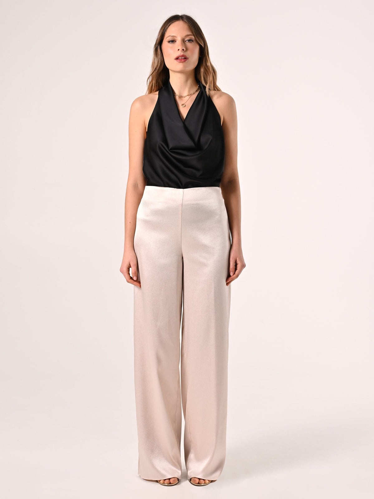 Pantaloni in Raso Strutturato Beige