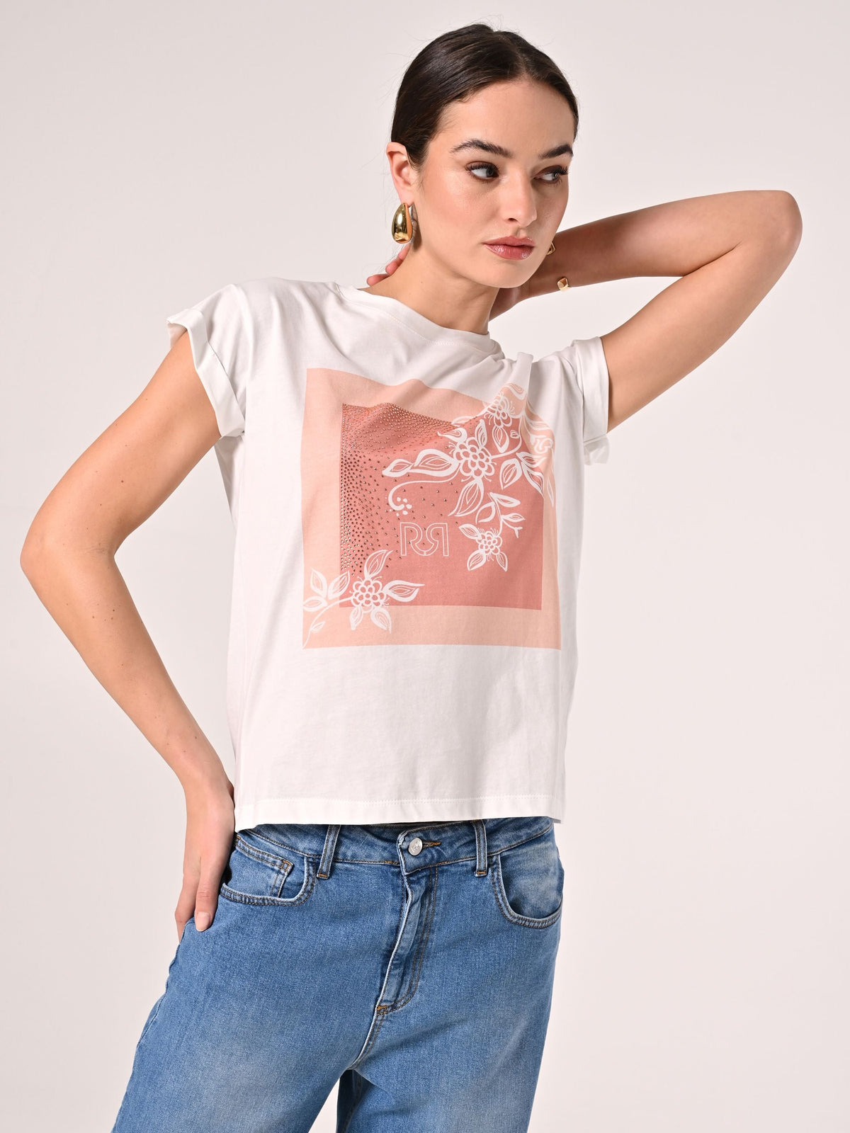 T-Shirt in Cotone con stampa Rosa & Strass
