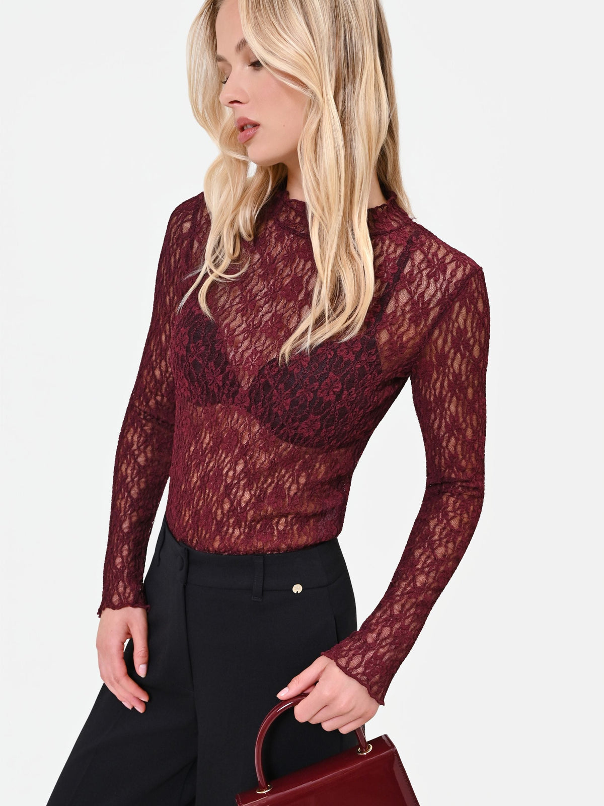 T-shirt in pizzo bordeaux rosso