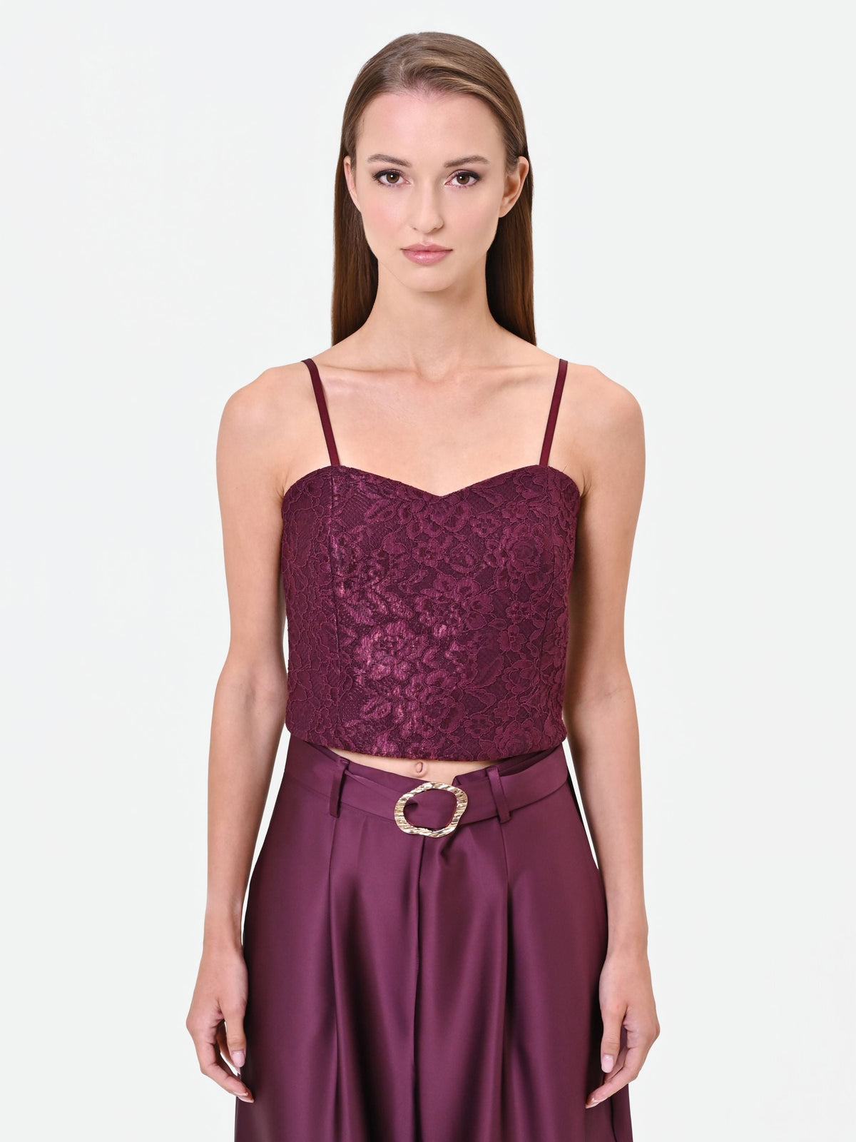 Top bustier in pizzo bordeaux rosso