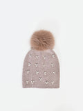 Cappellino tortora beige con cristalli e pompon