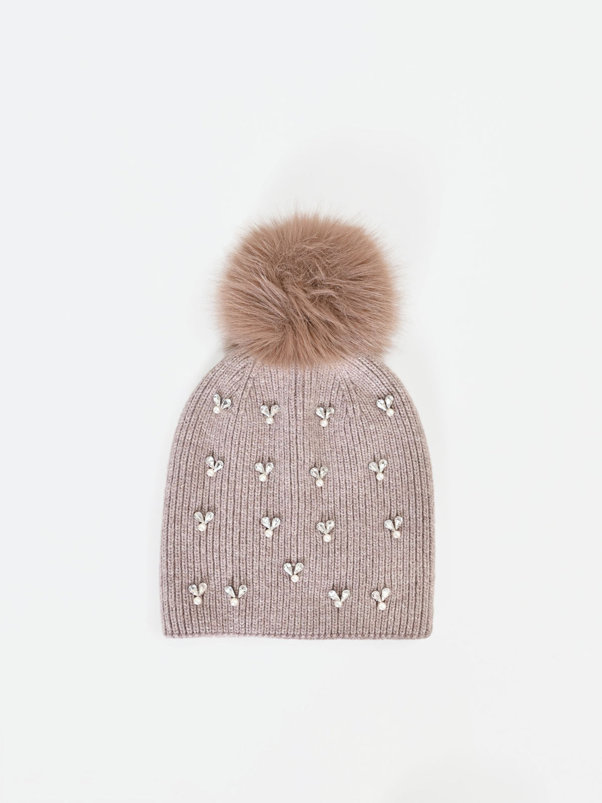 Cappellino tortora beige con cristalli e pompon