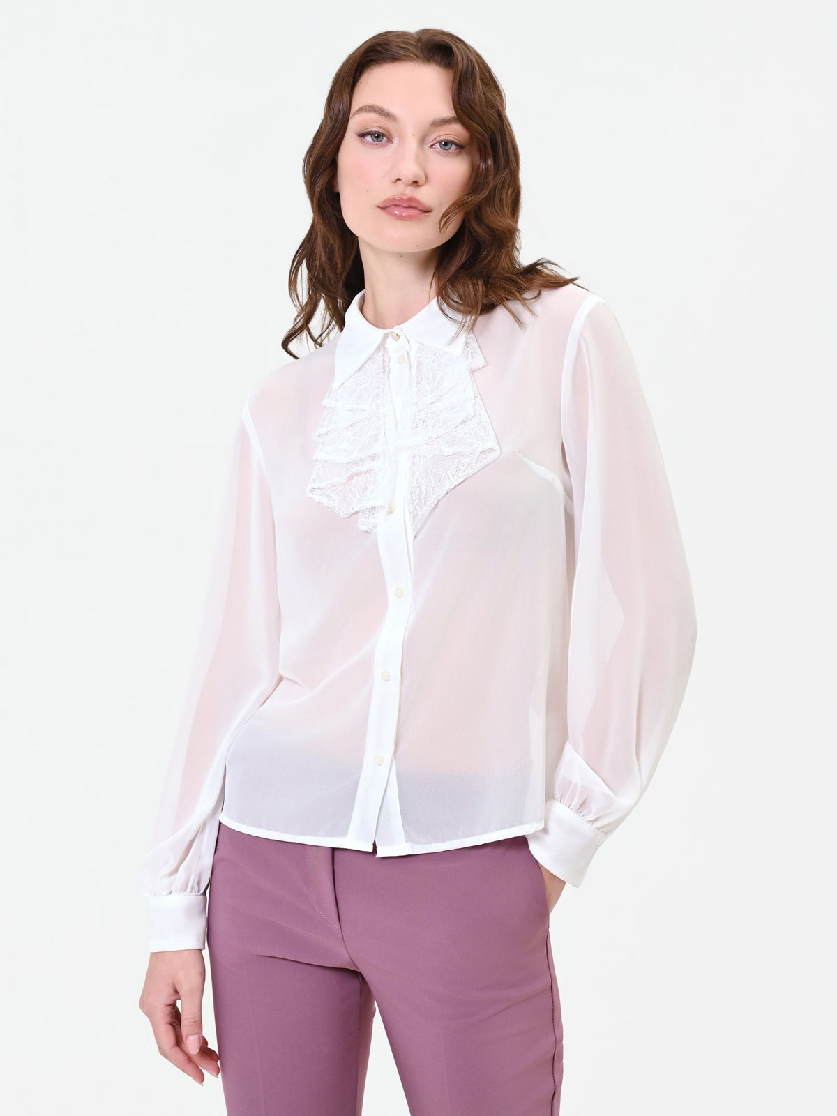 Camicia panna bianco in georgette con ruches