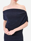Abito lungo blu navy glitter con scollo drappeggiato