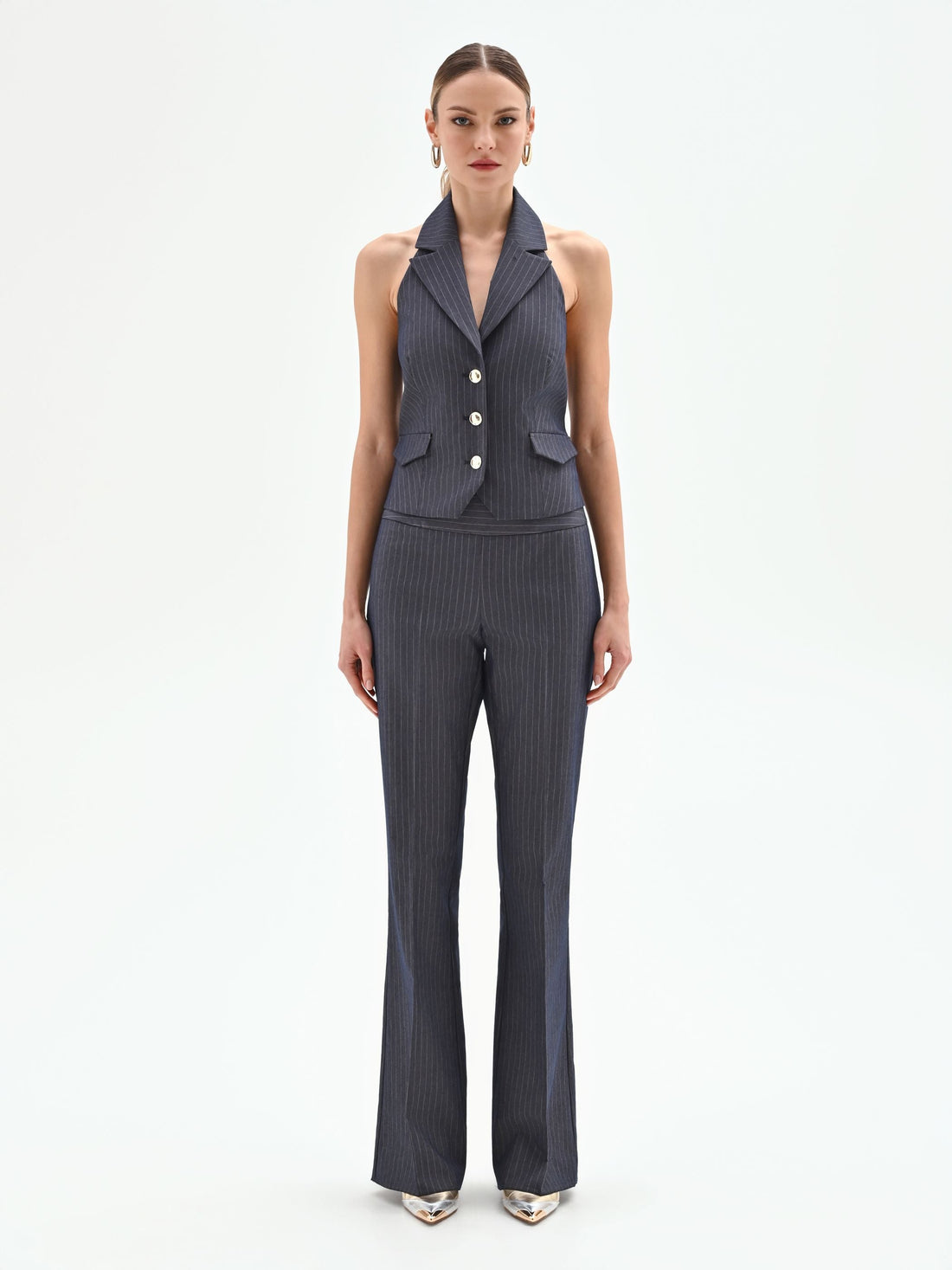Gilet gessato blu con scollo all'americana