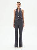 Gilet gessato blu con scollo all'americana