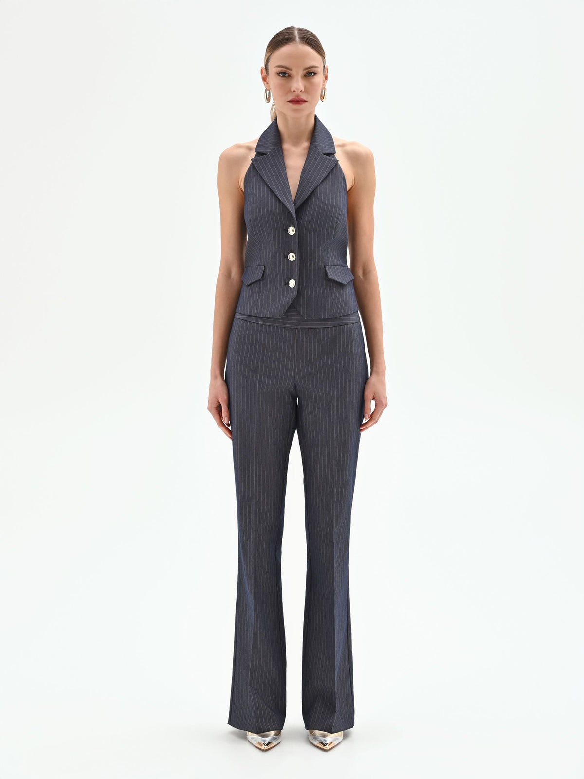 Gilet gessato blu con scollo all'americana