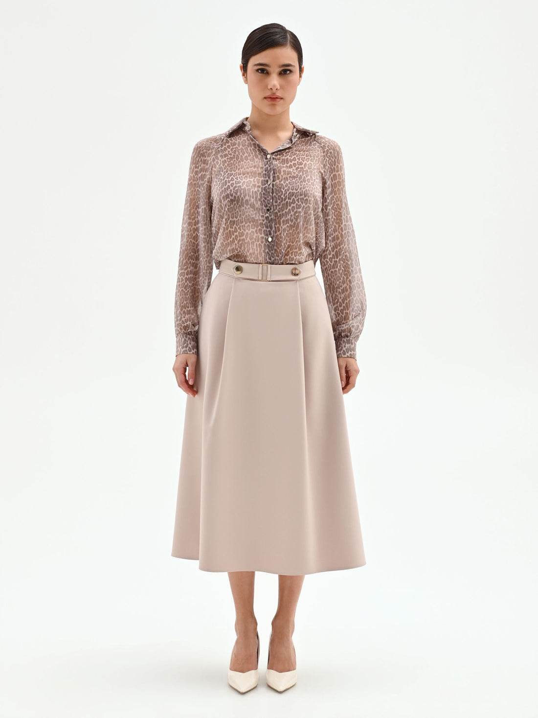 Gonna midi beige con dettagli dorati