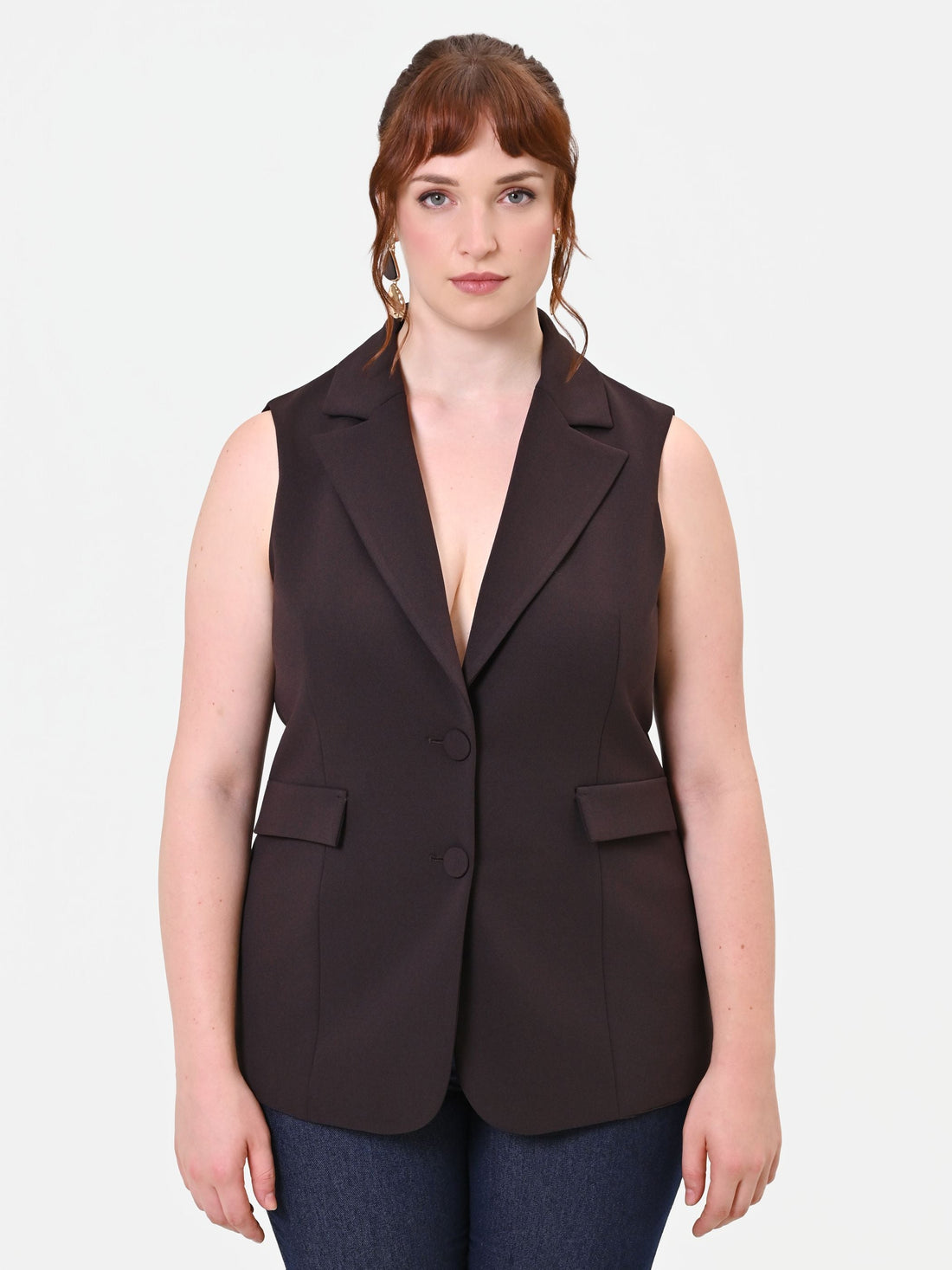 Gilet Curvy in tessuto tecnico marrone moro con revers