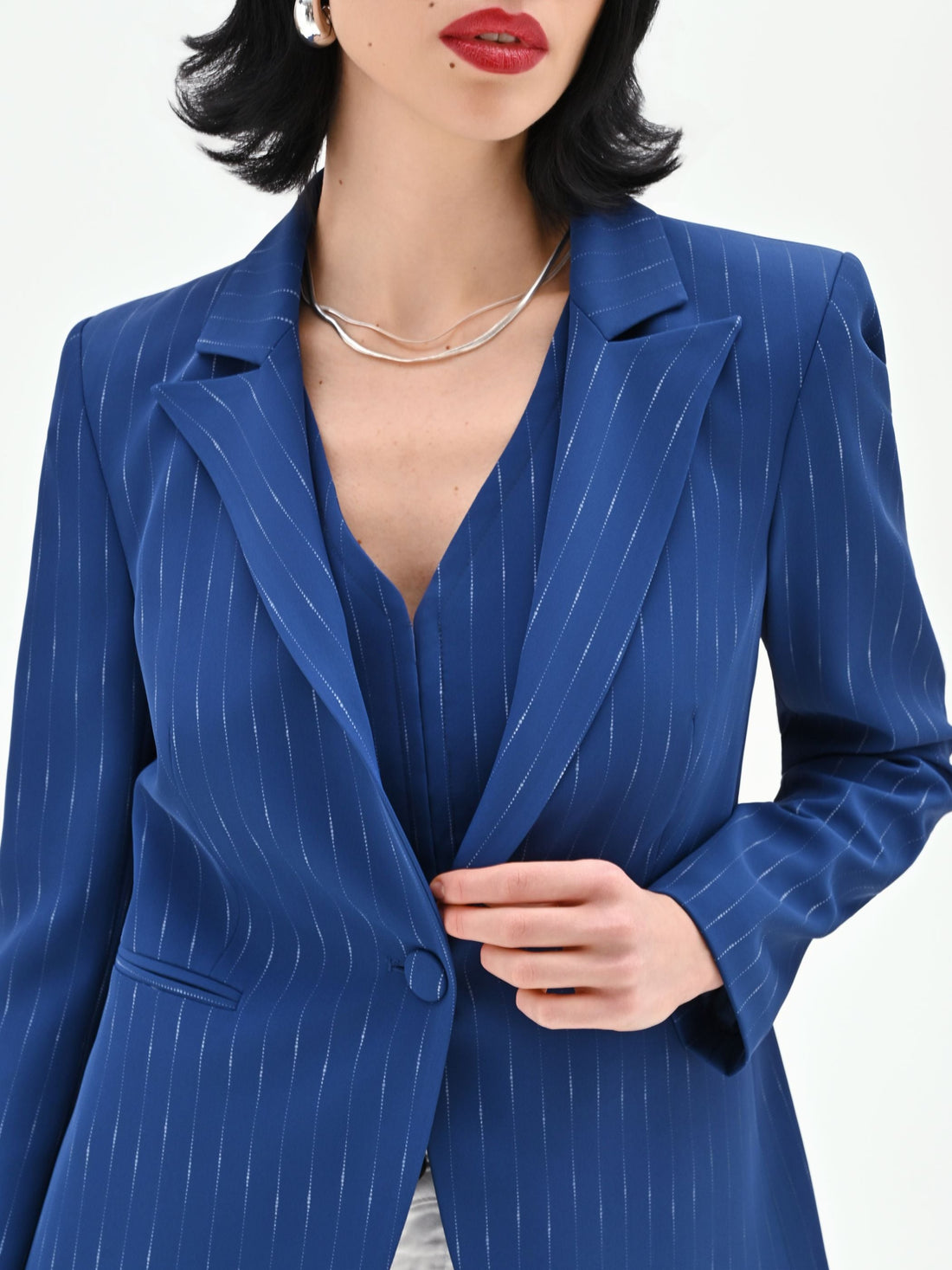 Giacca blazer blu brillante effetto gessato