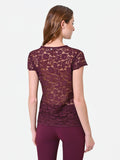 Top bordeaux in pizzo con scollo incrociato