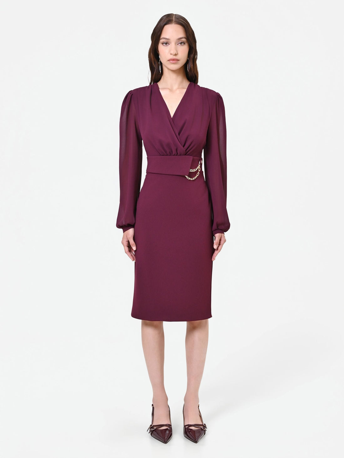 Abito tubino bordeaux con maniche in georgette