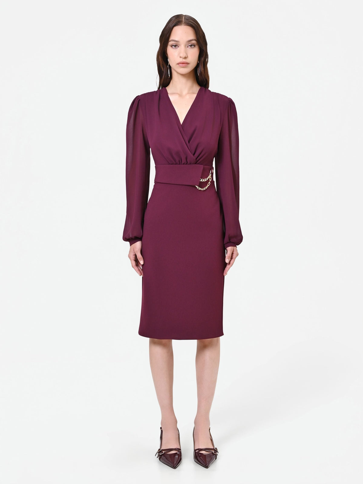Abito tubino bordeaux con maniche in georgette