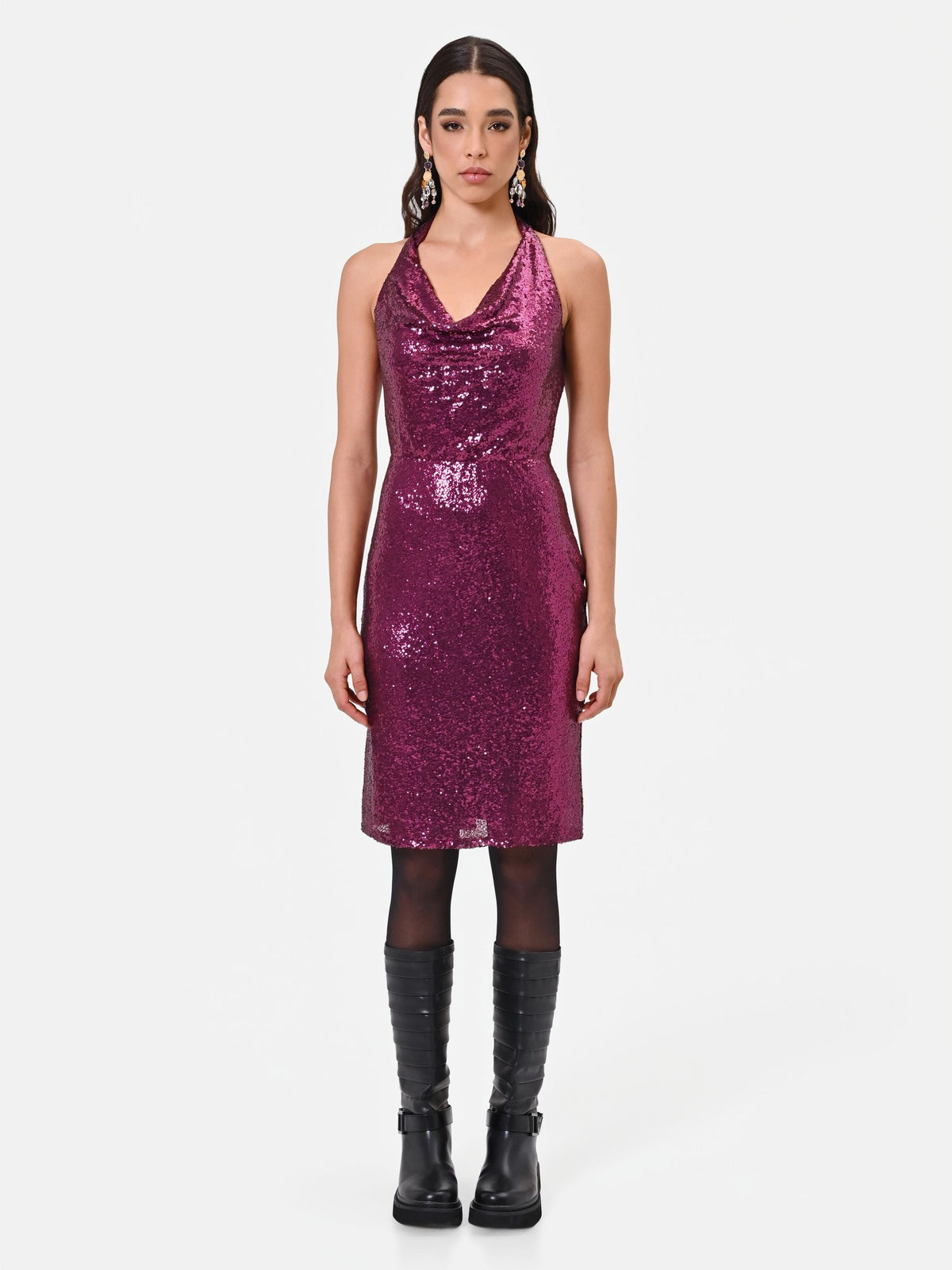 Abito tubino bordeaux rosso in paillettes allover