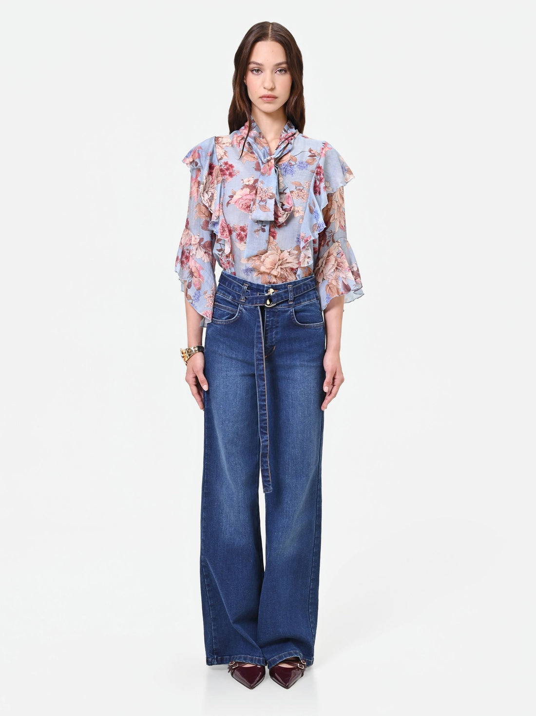 Jeans blu a vita alta con cintura gamba ampia