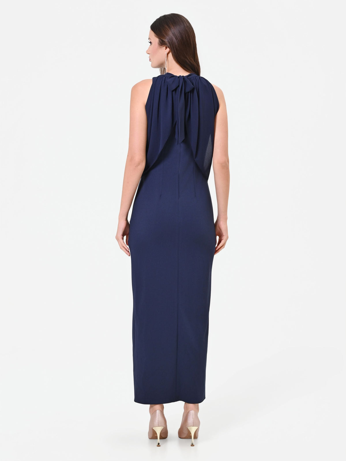 Abito lungo blu navy con drappeggio sullo scollo