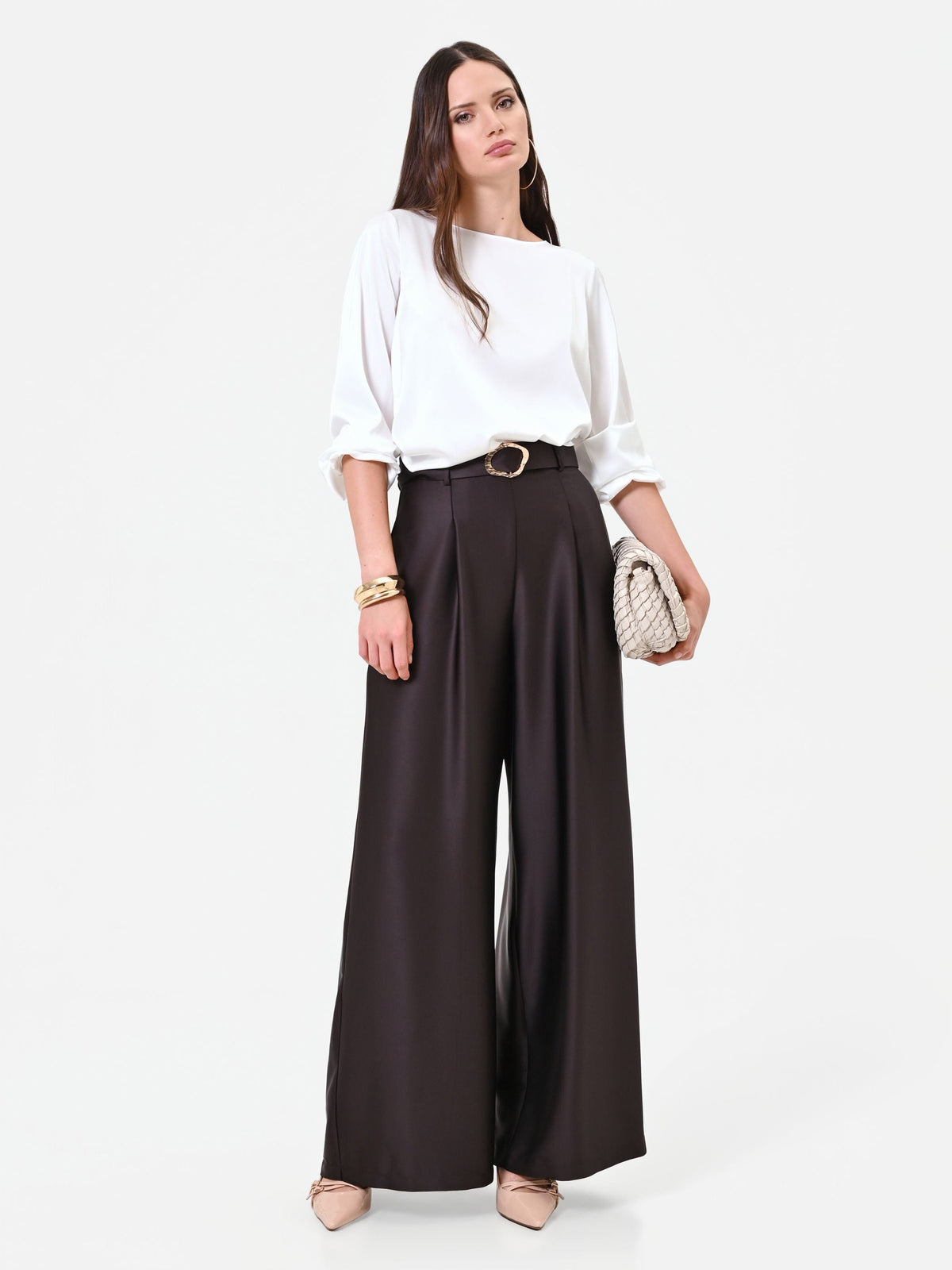 Pantalone palazzo moro marrone con cintura in raso