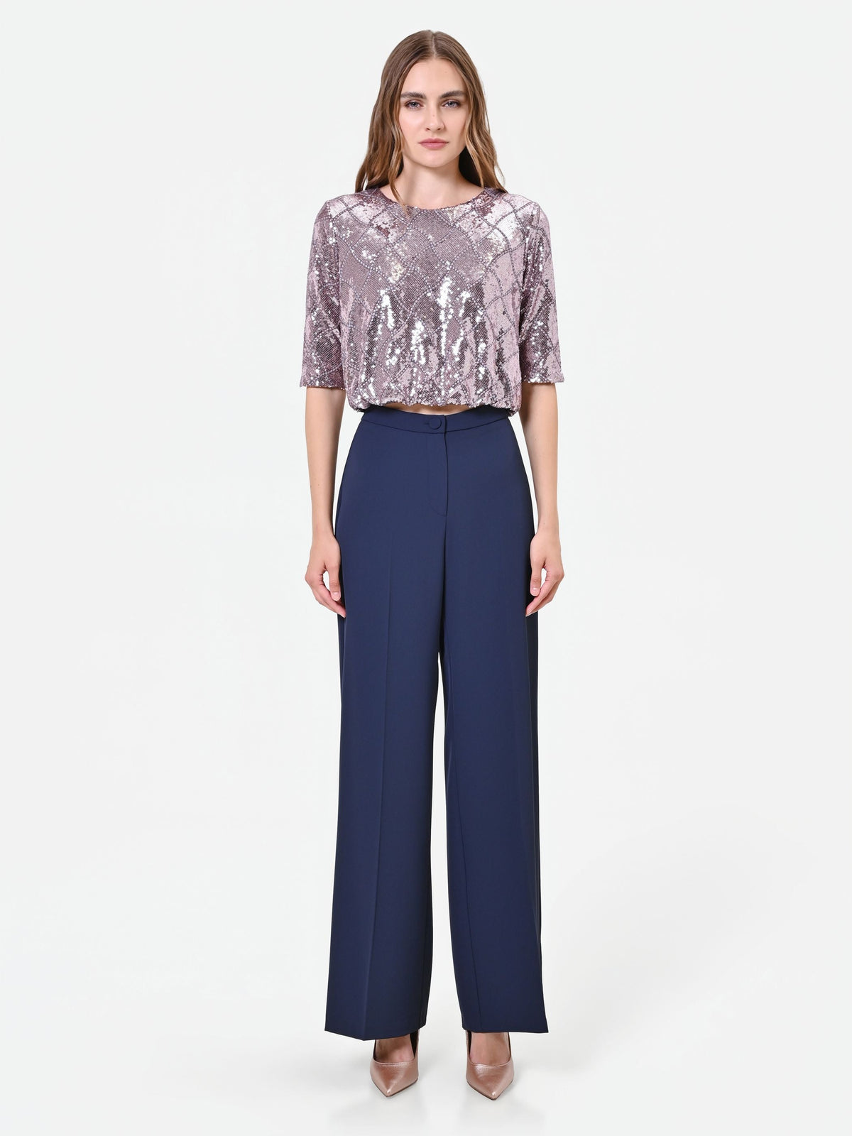 Blusa rosa antico in paillettes con disegno a rombi