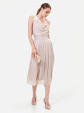 Abito midi tortora beige con scollo drappeggiato