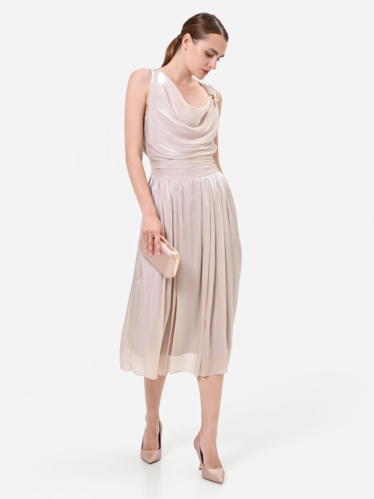 Abito midi tortora beige con scollo drappeggiato