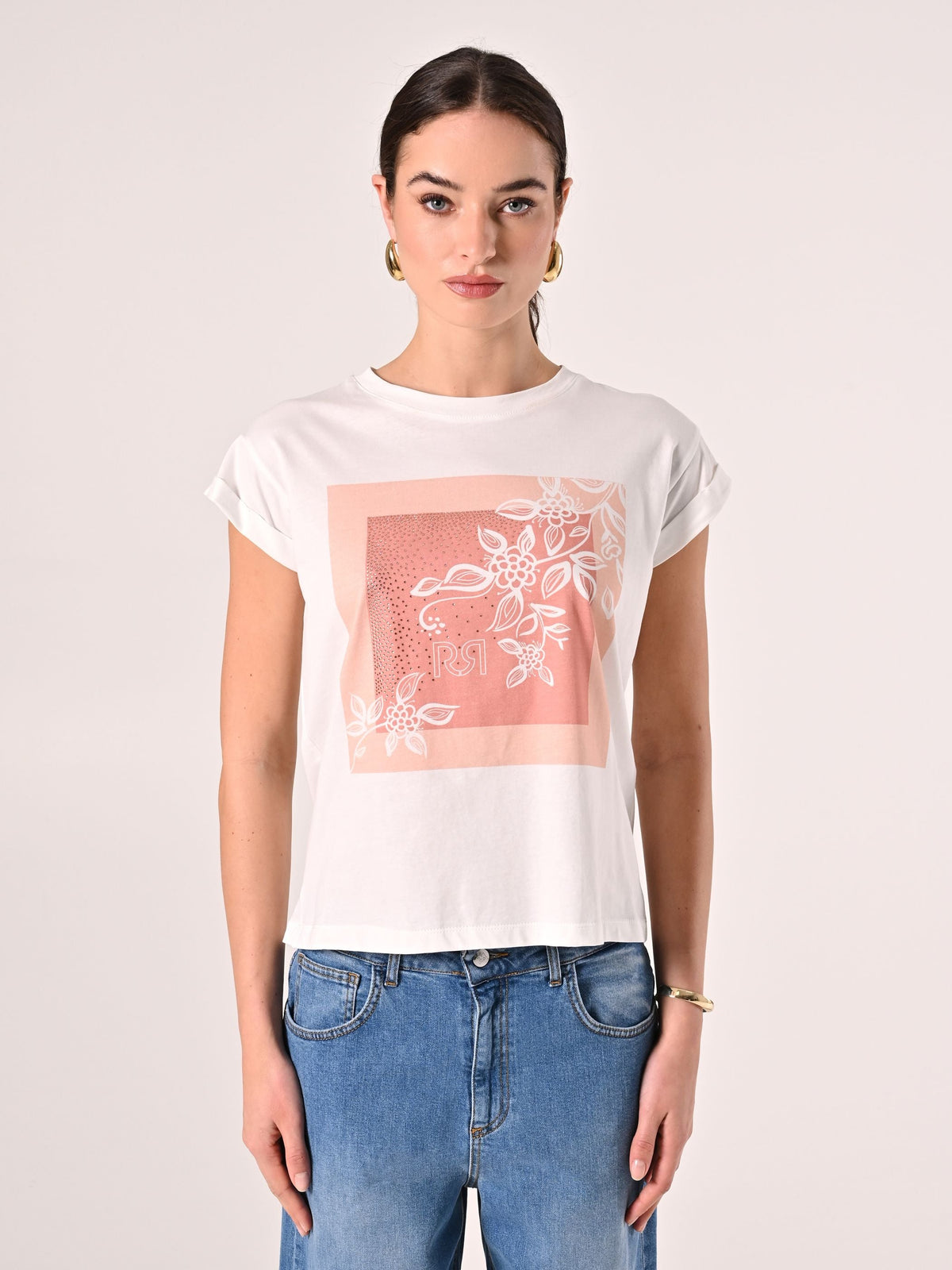 T-Shirt in Cotone con stampa Rosa & Strass
