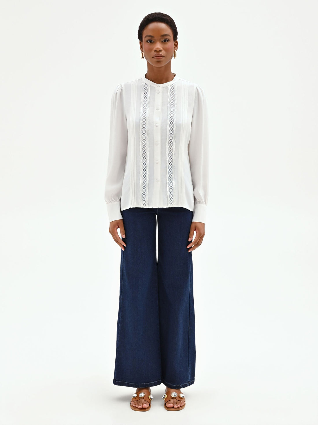 Camicia in viscosa panna con inserti in pizzo