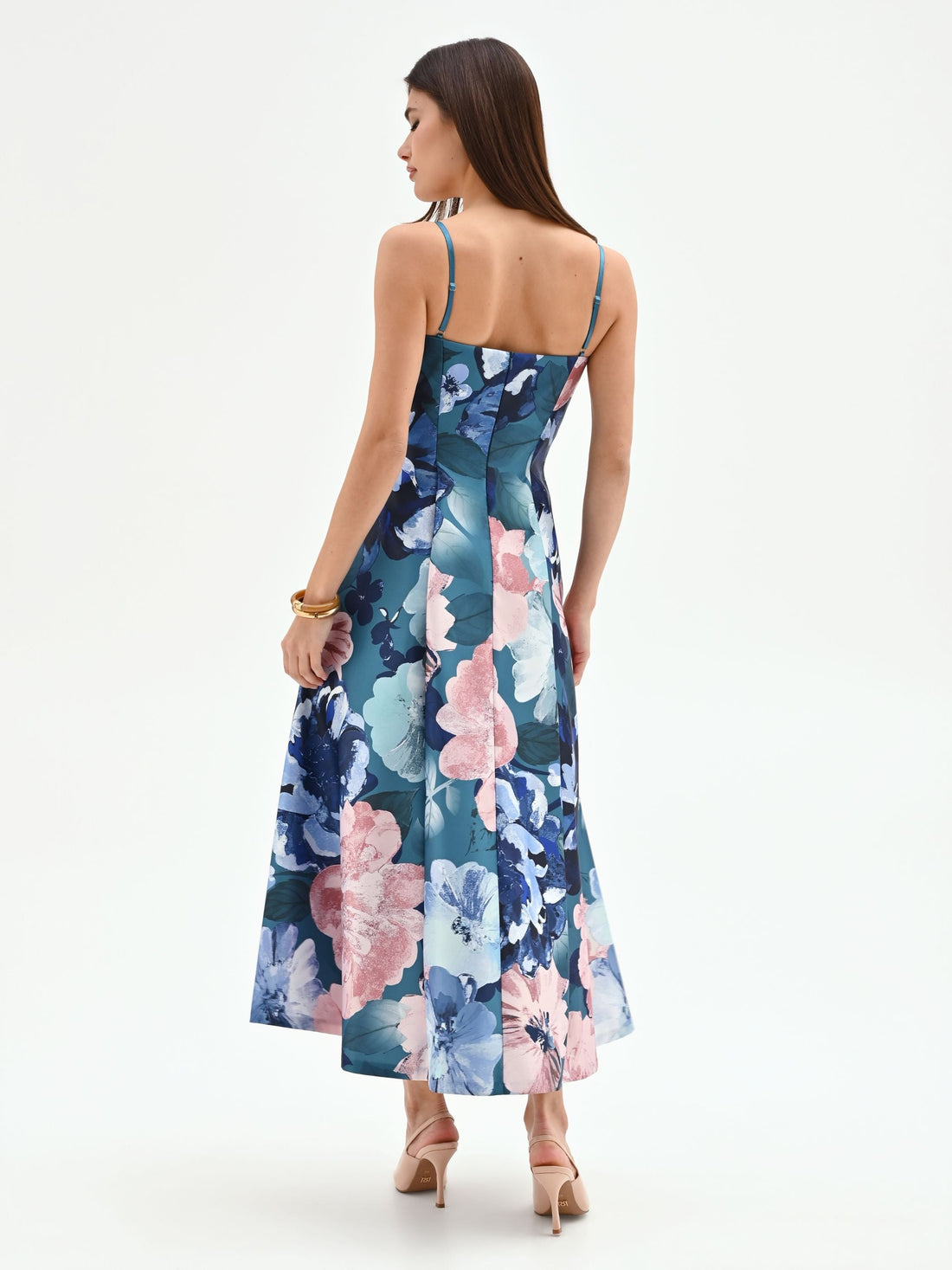 Abito midi blu ottanio con stampa floreale