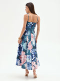 Abito midi blu ottanio con stampa floreale