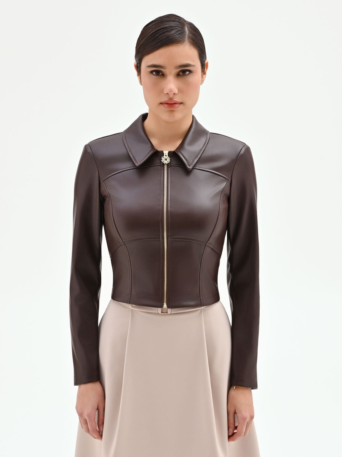 Giacca similpelle marrone con colletto
