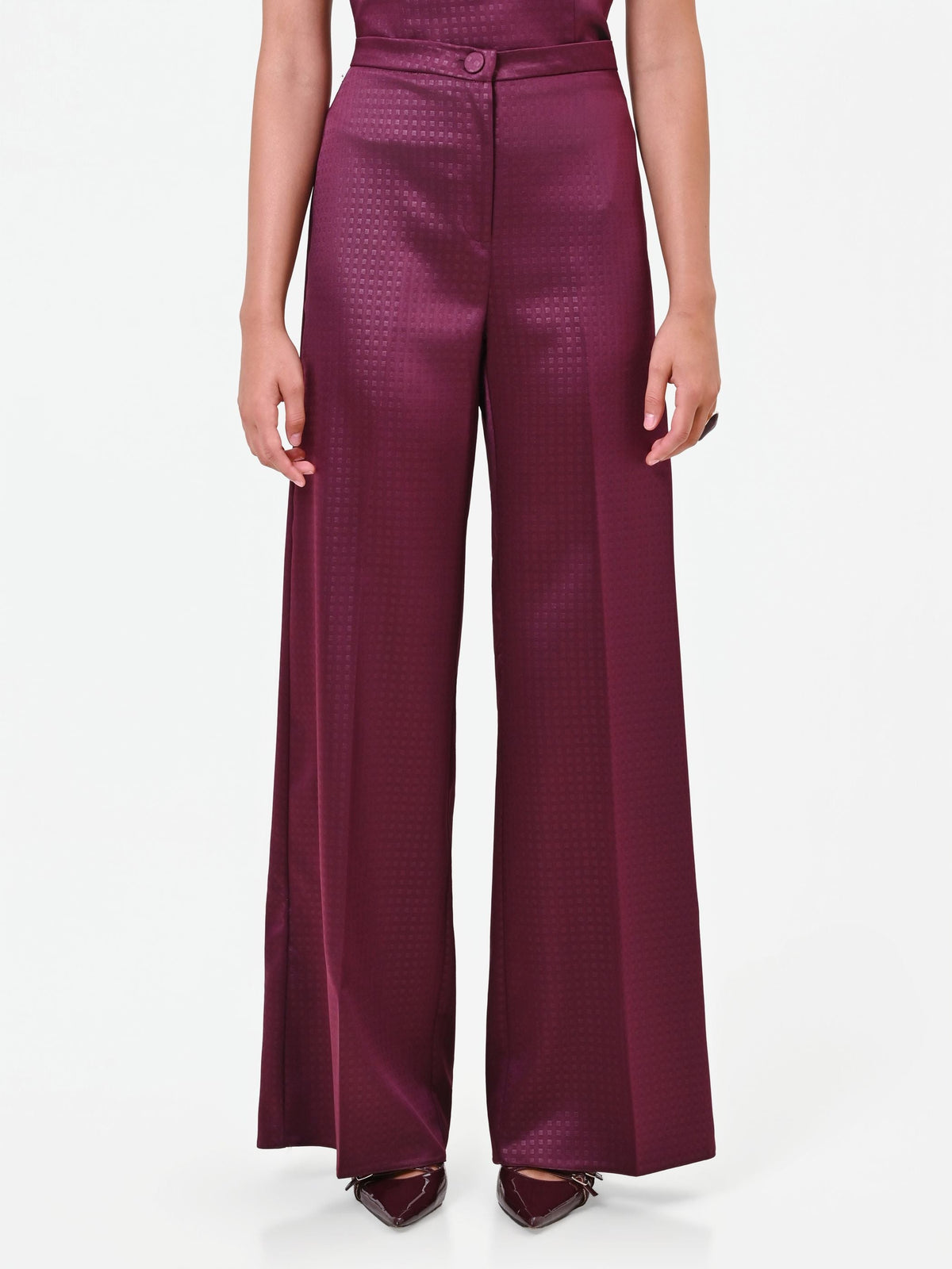 Pantalone a palazzo in raso bordeaux rosso Giorgia Palmas X Rinascimento