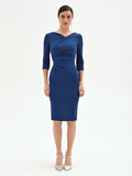 Abito tubino blu con scollo drappeggiato