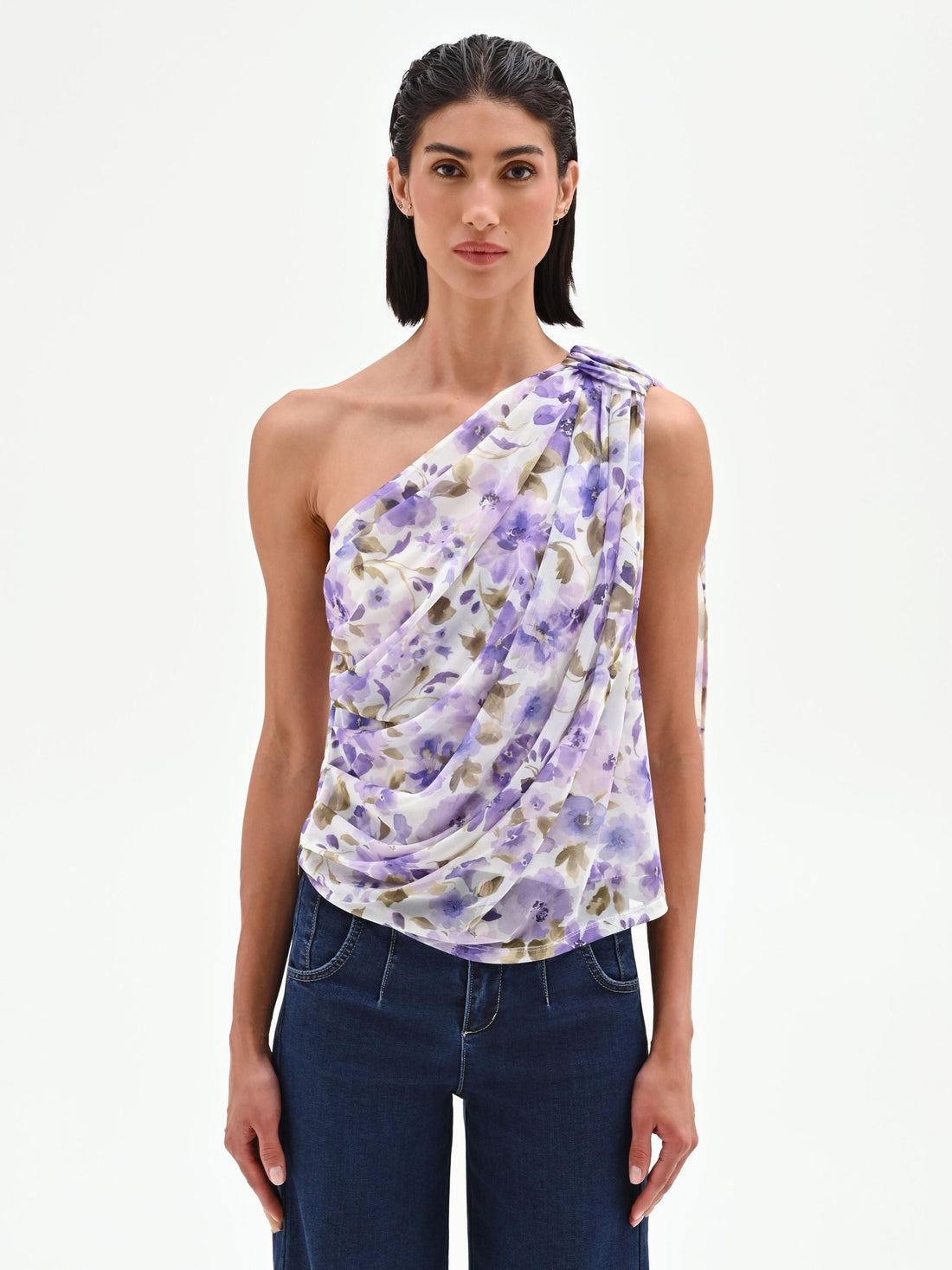 Top monospalla viola lilla con stampa floreale