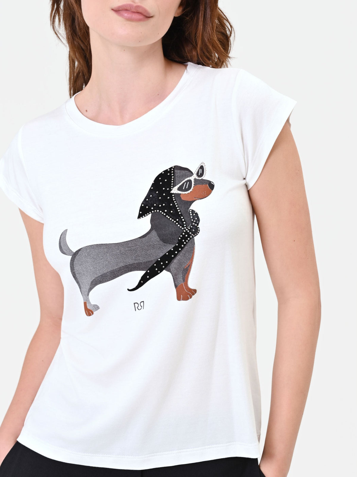 T-shirt panna con stampa bassotto