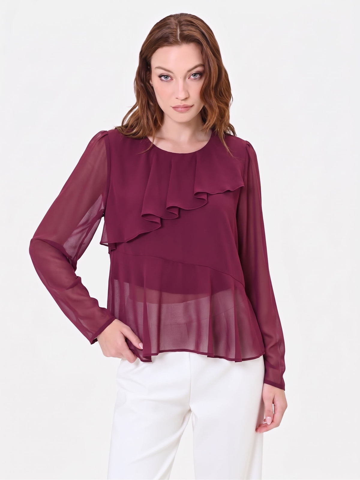 Blusa bordeaux con volant asimmetrico