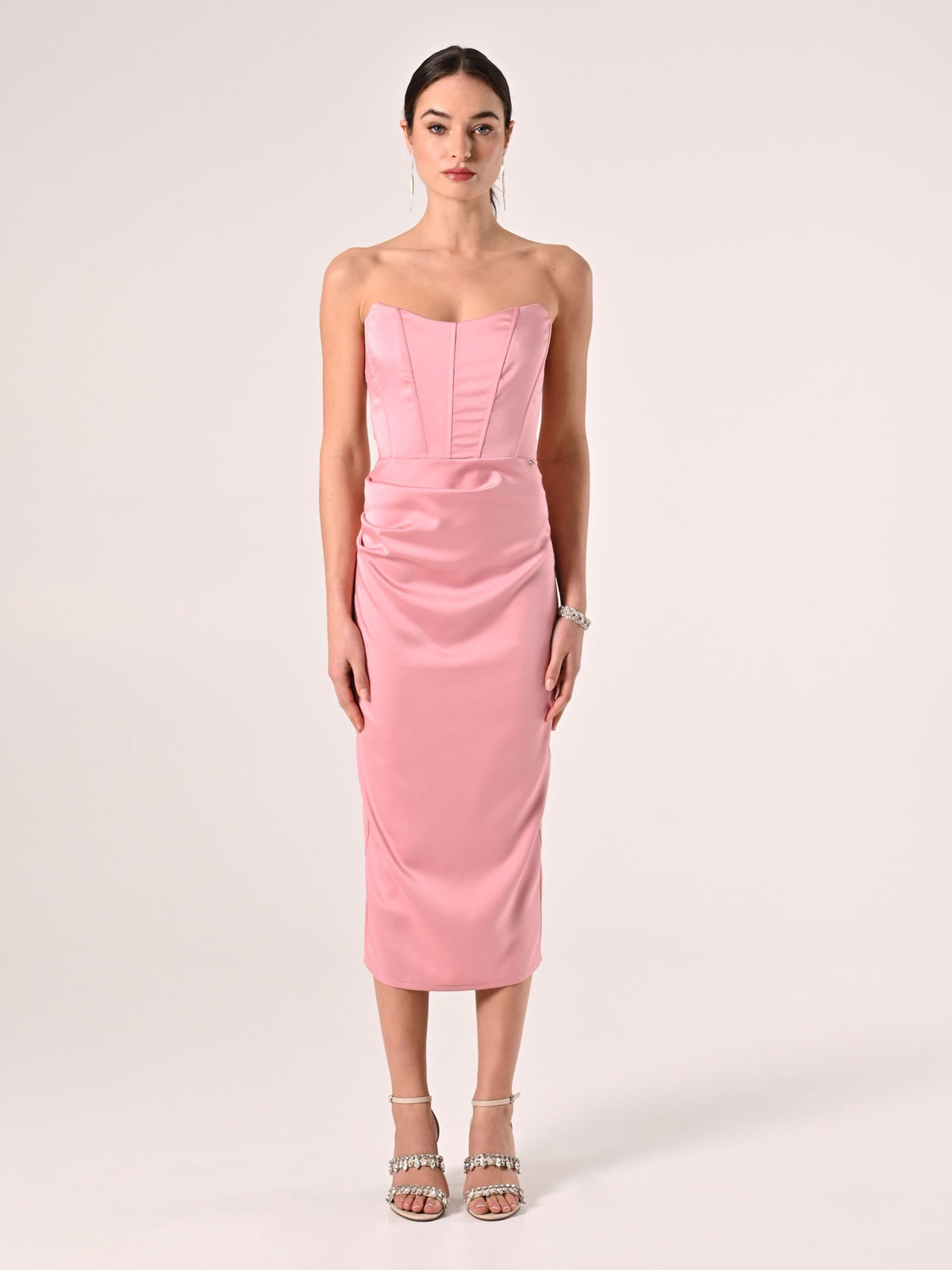 Abito Bustier Midi in Raso Rosa