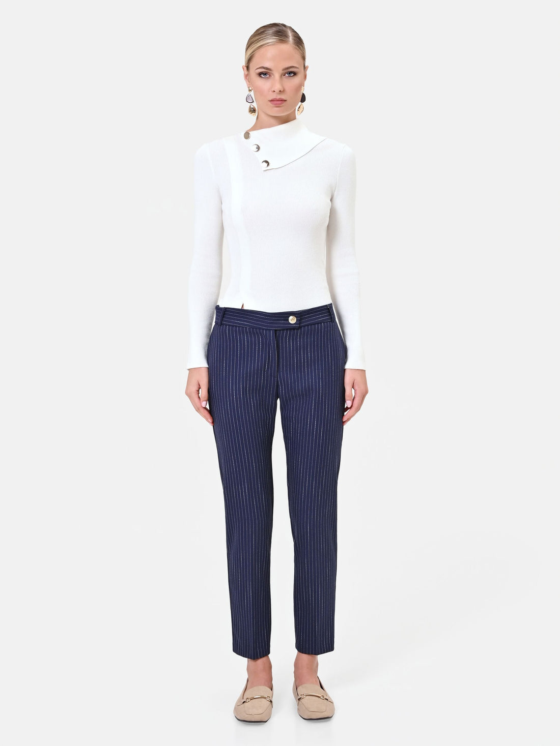 Pantalone in misto viscosa blu navy gessato
