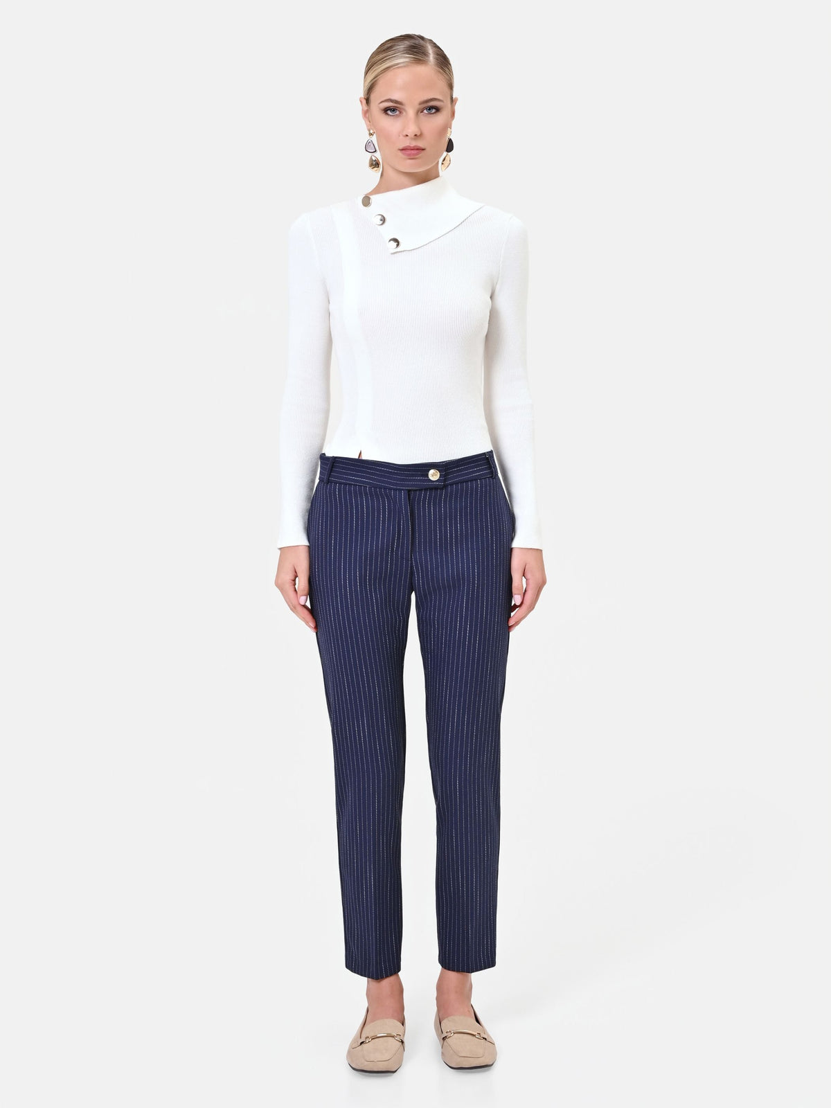 Pantalone in misto viscosa blu navy gessato