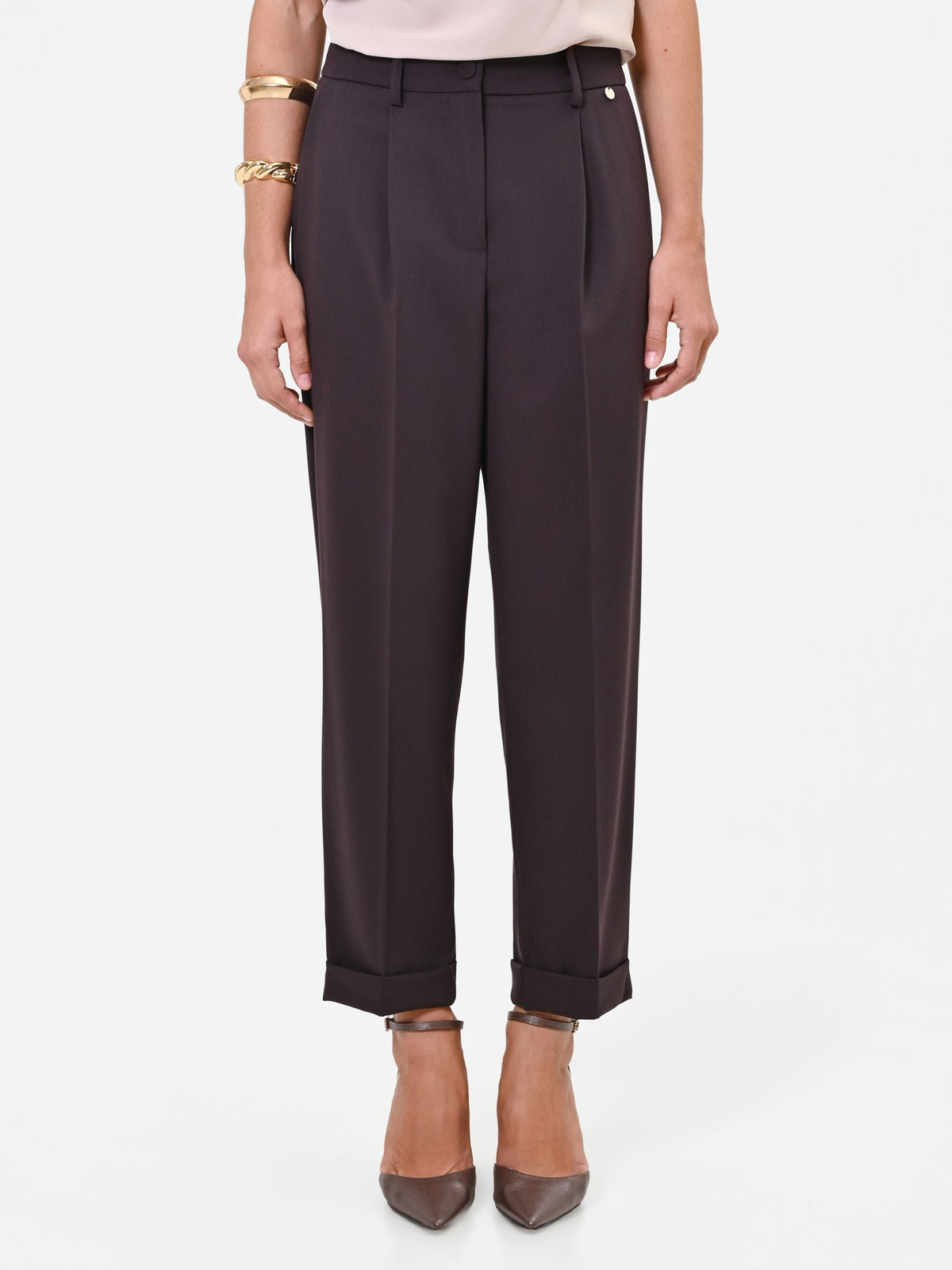 Pantalone dritto con risvolto marrone moro in poliviscosa