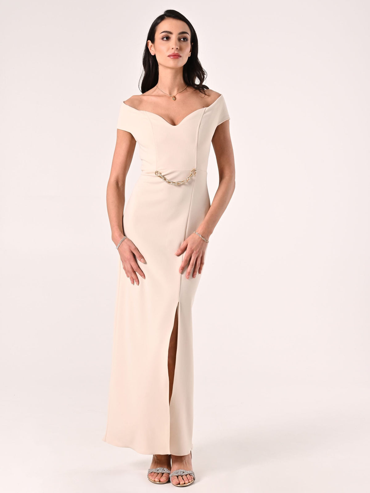 Abito Lungo Beige Chiaro in scuba Mano Crepe