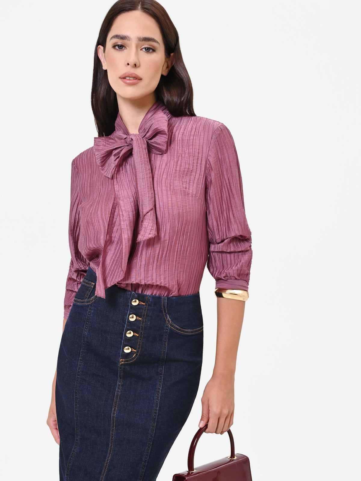 Camicia rosa antico plissé con fiocco